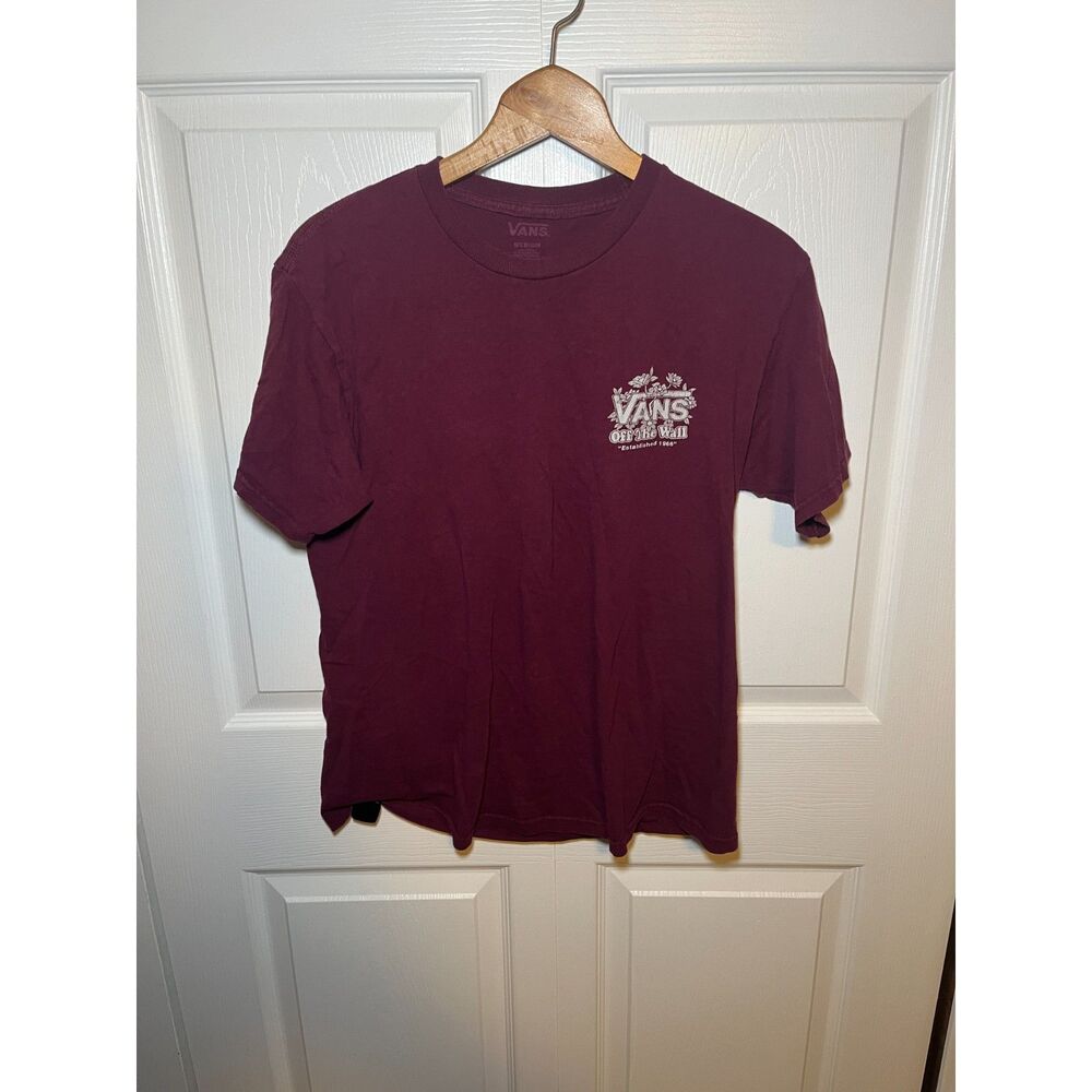 Vans Off The Wall Graphic T-Shirt Women’s Medium Burgundy Logo Back Print Casual